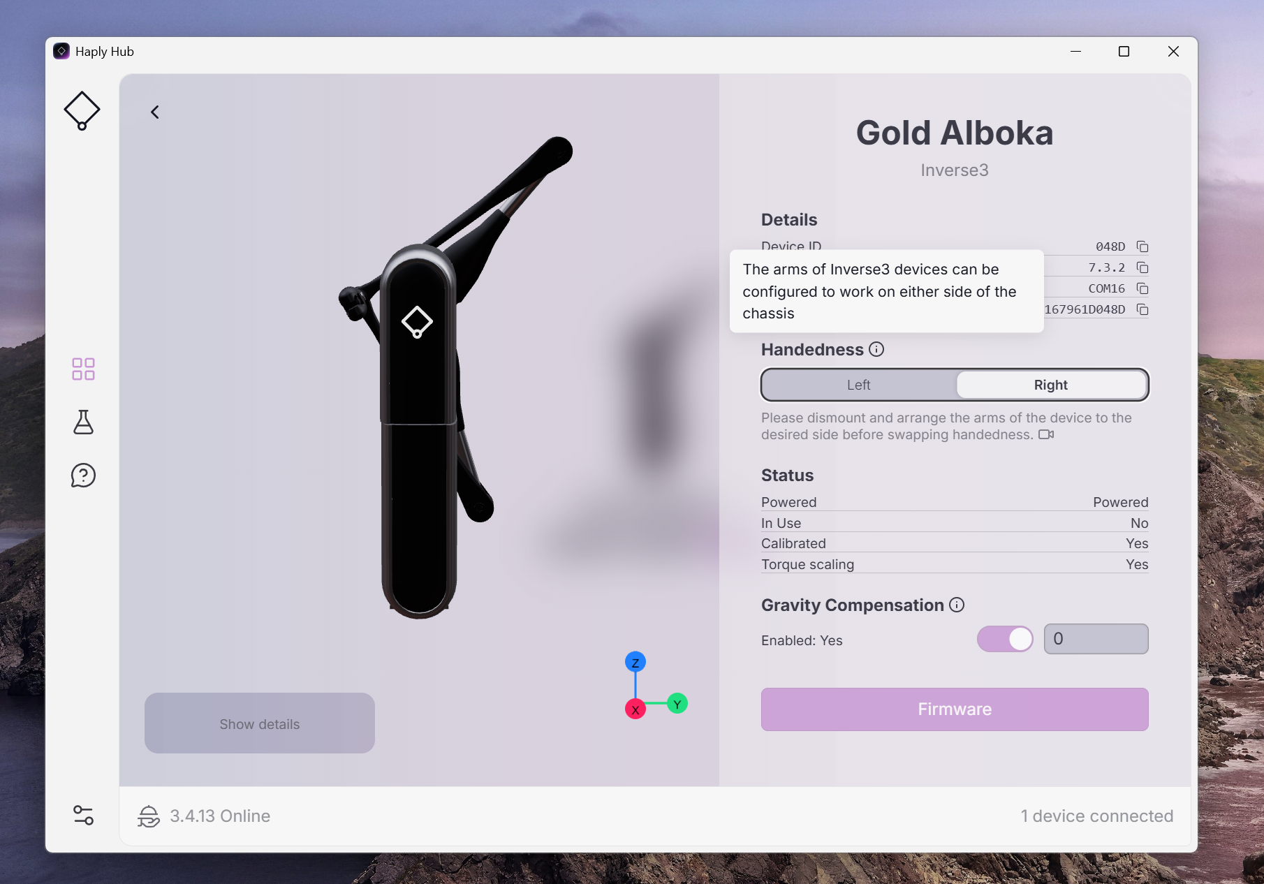 Page « Aperçu » de la plateforme « Haply Hub », avec la valeur de latéralité mise en évidence